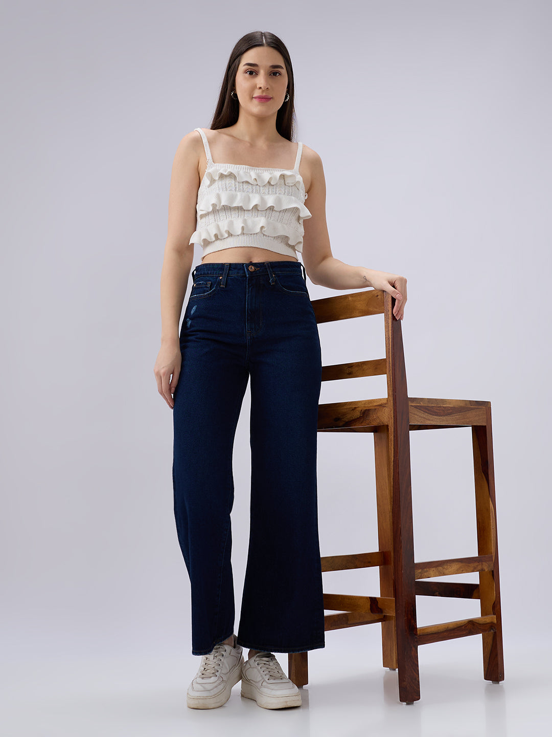 Spykar Dark Blue Wide Leg High Rise Jeans For Women