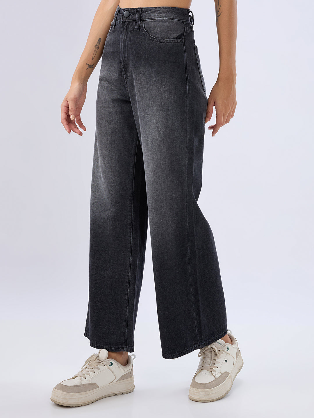 Spykar Black Wide Leg High Rise Jeans For Women