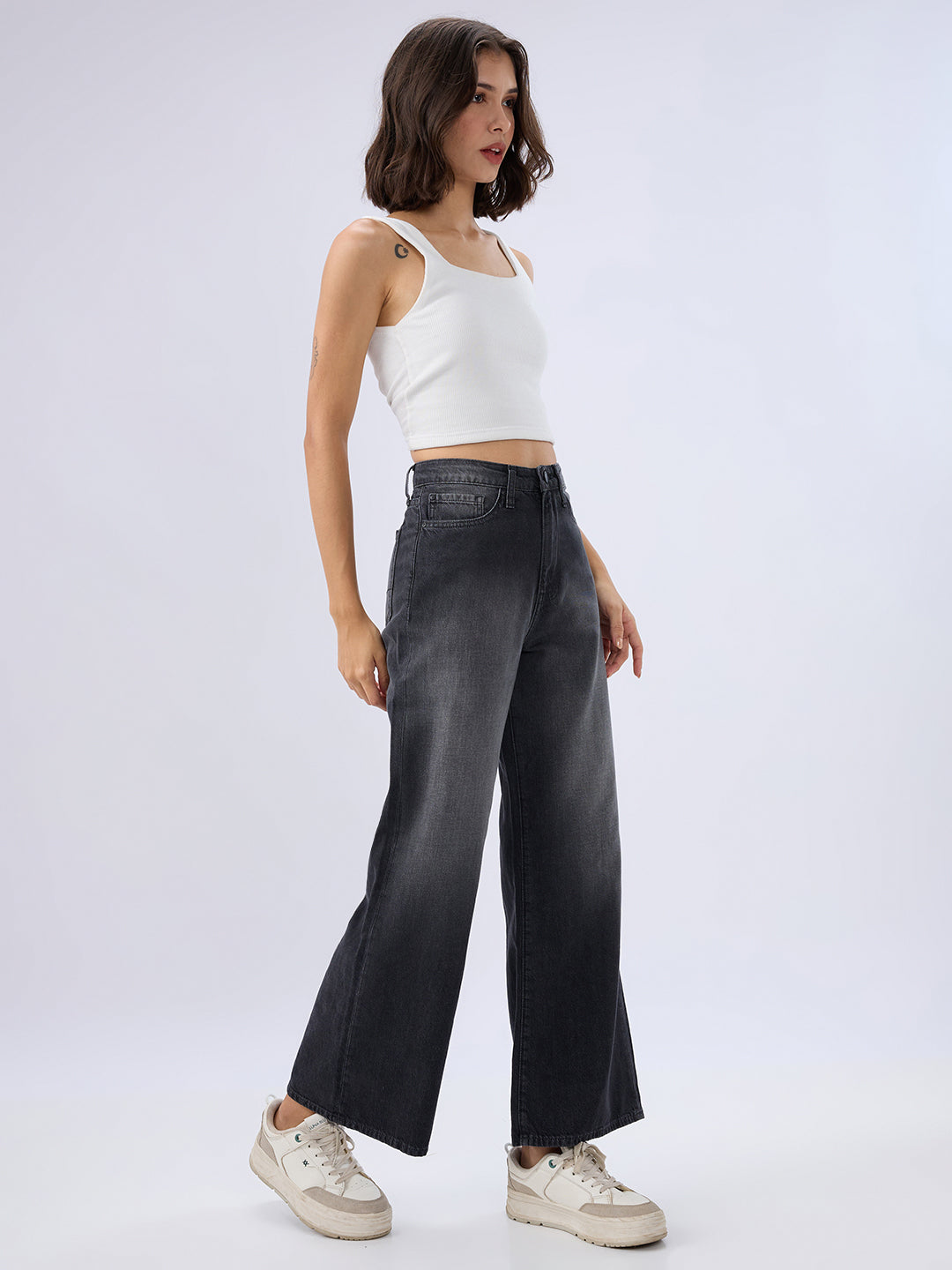 Spykar Black Wide Leg High Rise Jeans For Women