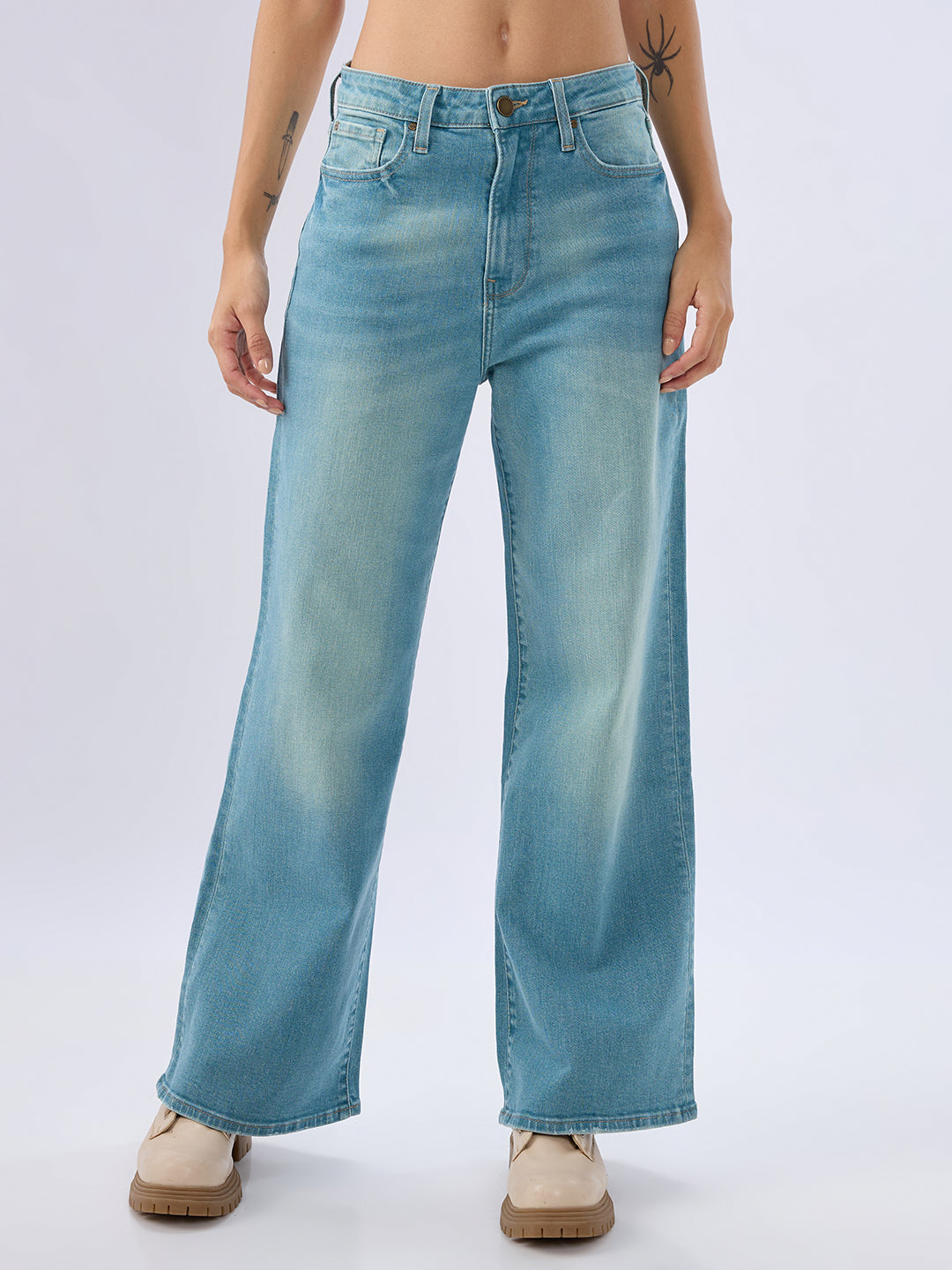 Spykar Mid Blue Wide Leg Mid Rise Jeans For Women