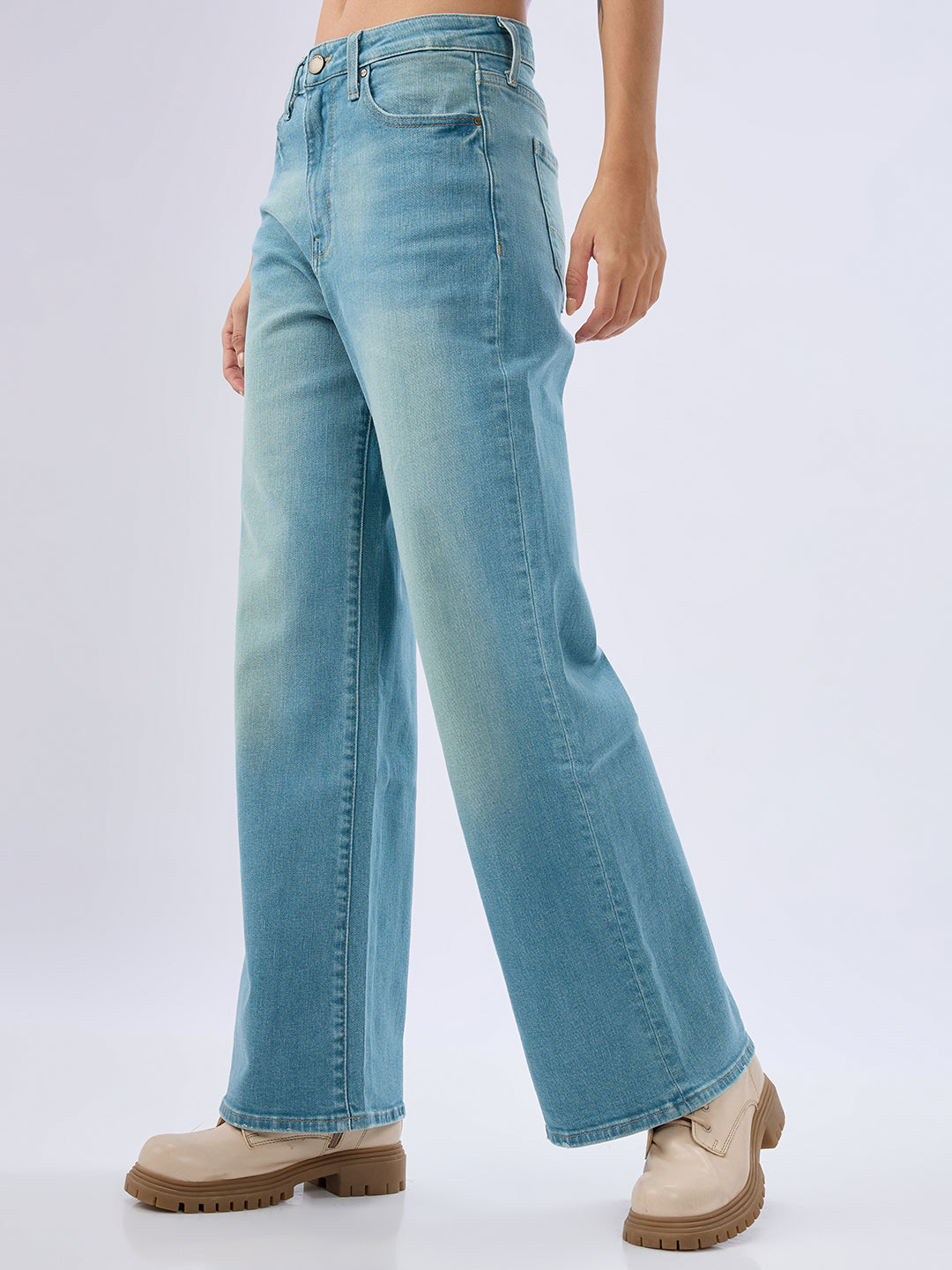Spykar Mid Blue Wide Leg Mid Rise Jeans For Women