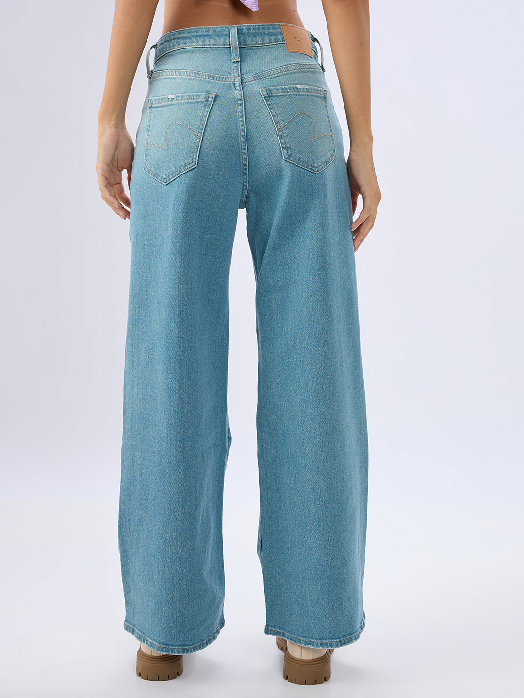 Spykar Mid Blue Wide Leg Mid Rise Jeans For Women