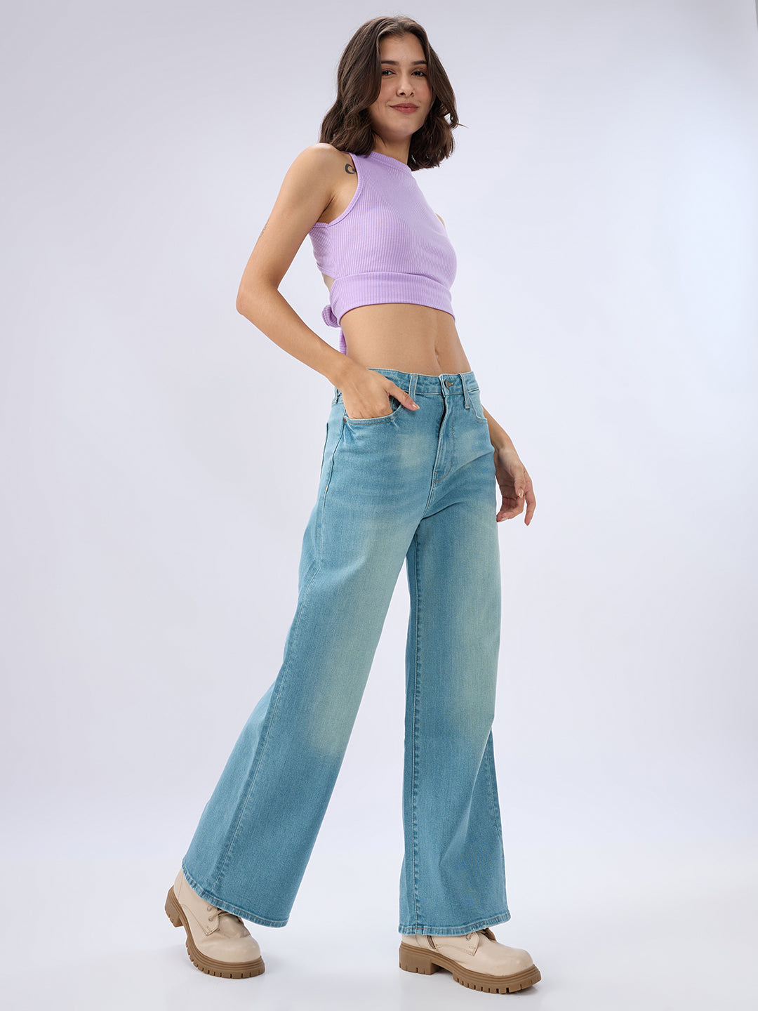 Spykar Mid Blue Wide Leg Mid Rise Jeans For Women