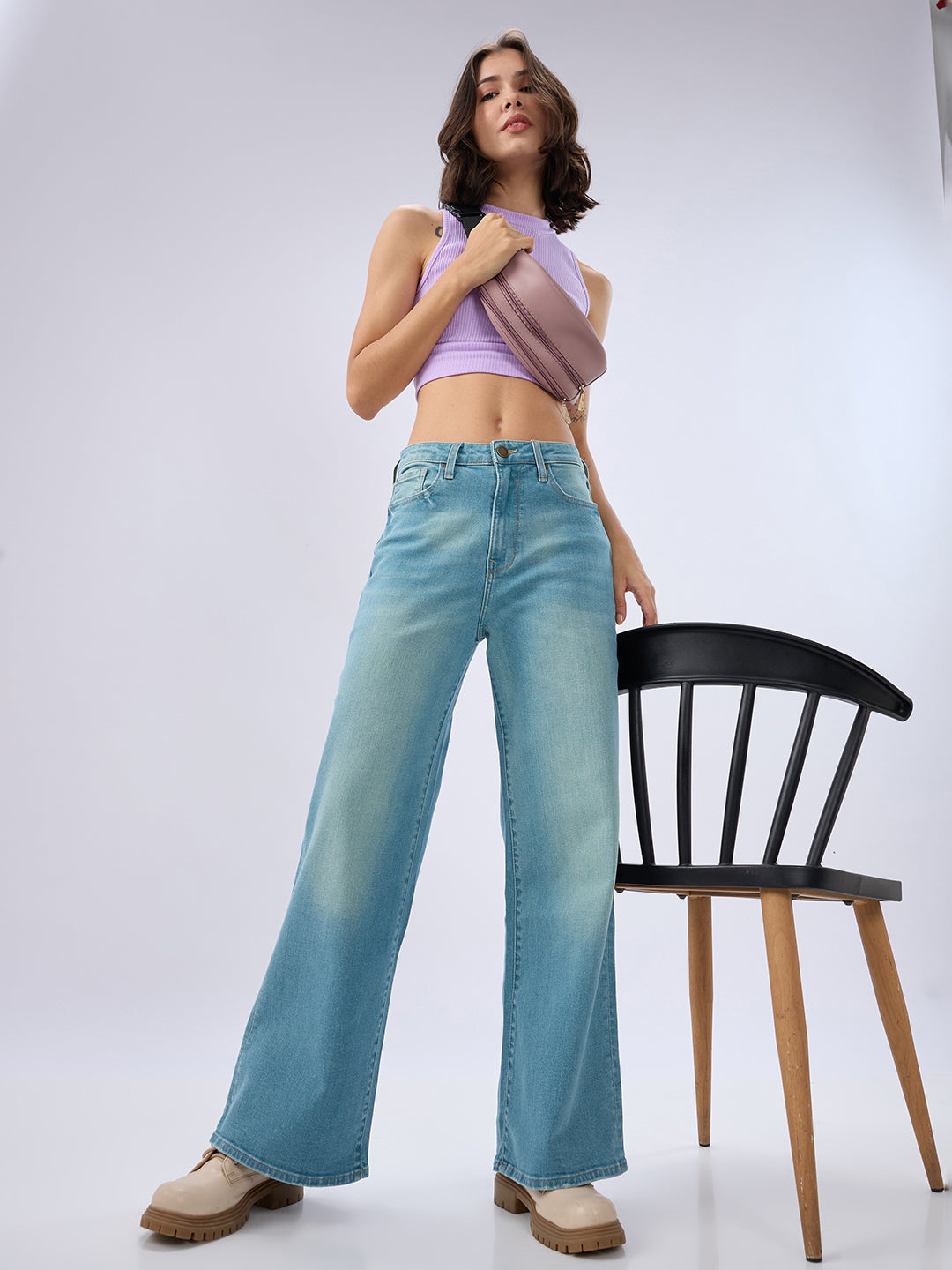 Spykar Mid Blue Wide Leg Mid Rise Jeans For Women