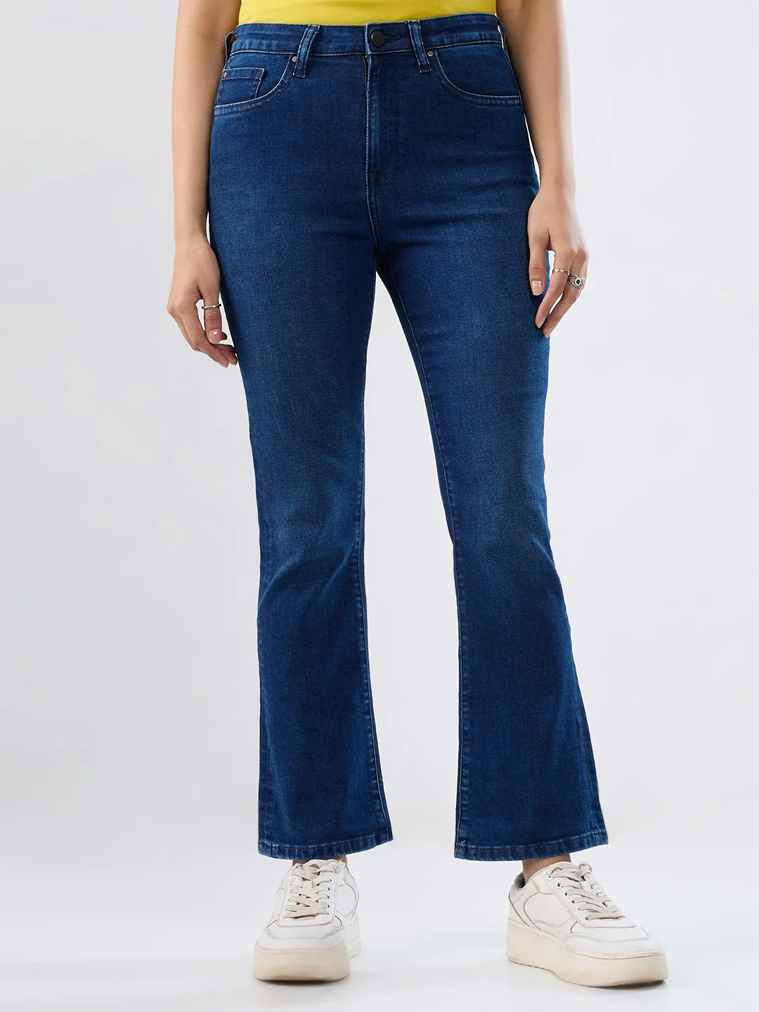 Women Jeans Boot Cut Fit Dark Blue High Rise