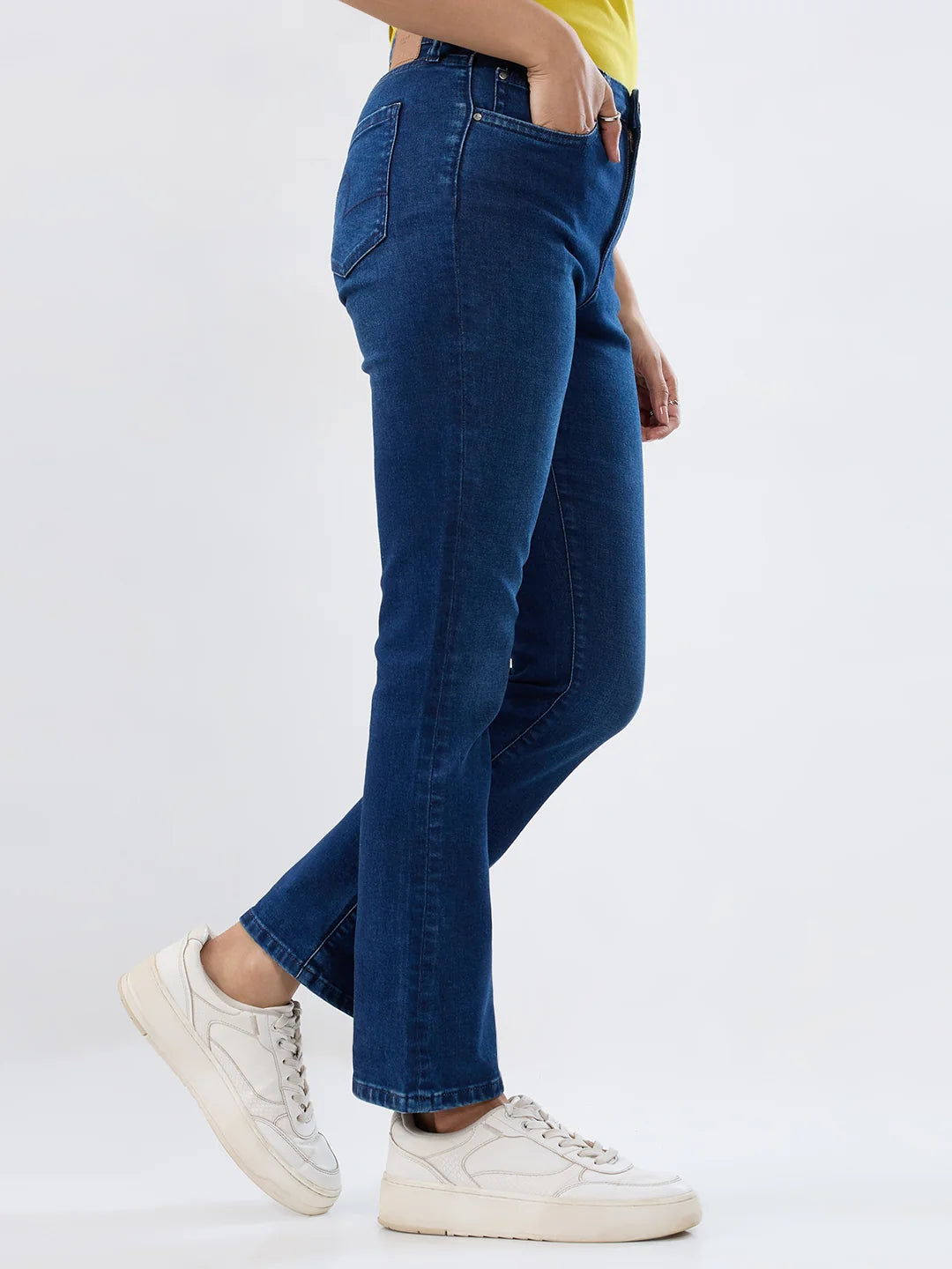 Women Jeans Boot Cut Fit Dark Blue High Rise
