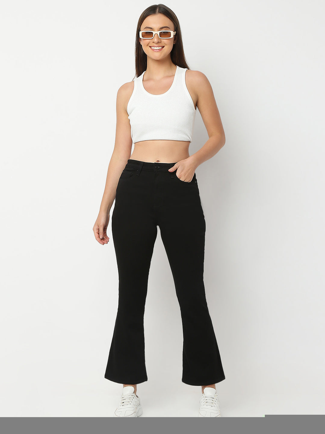 Women Jeans Boot Cut Fit Jet Black High Rise