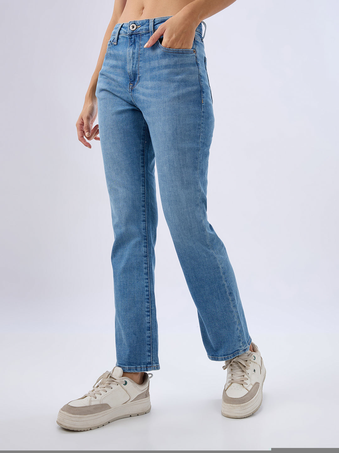 Spykar Tinted Blue Boot Cut Fit High Rise Jeans For Women