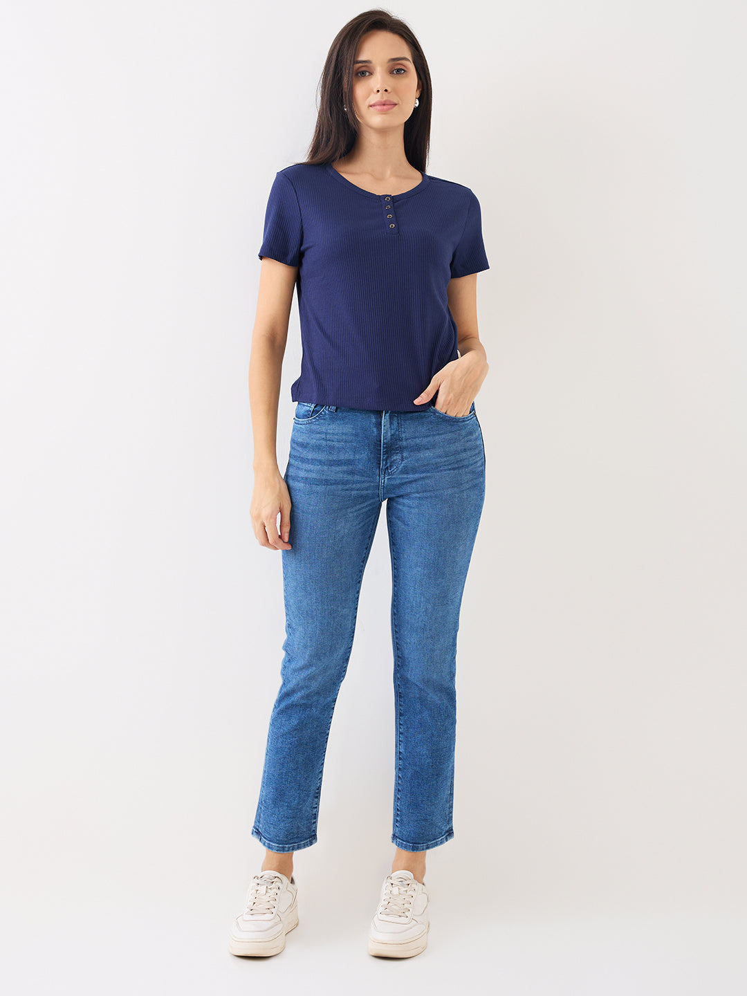 Spykar Blue Mid Rise Slim Straight Fit Casual Jeans For Women