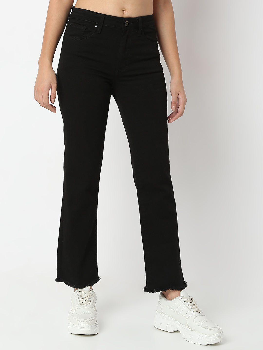 Spykar Jet Black Slim Straight Mid Rise Jeans For Women