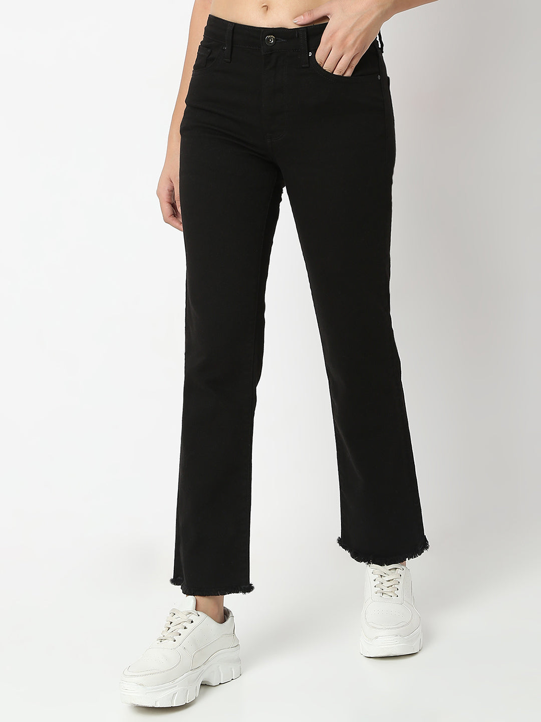 Spykar Jet Black Slim Straight Mid Rise Jeans For Women