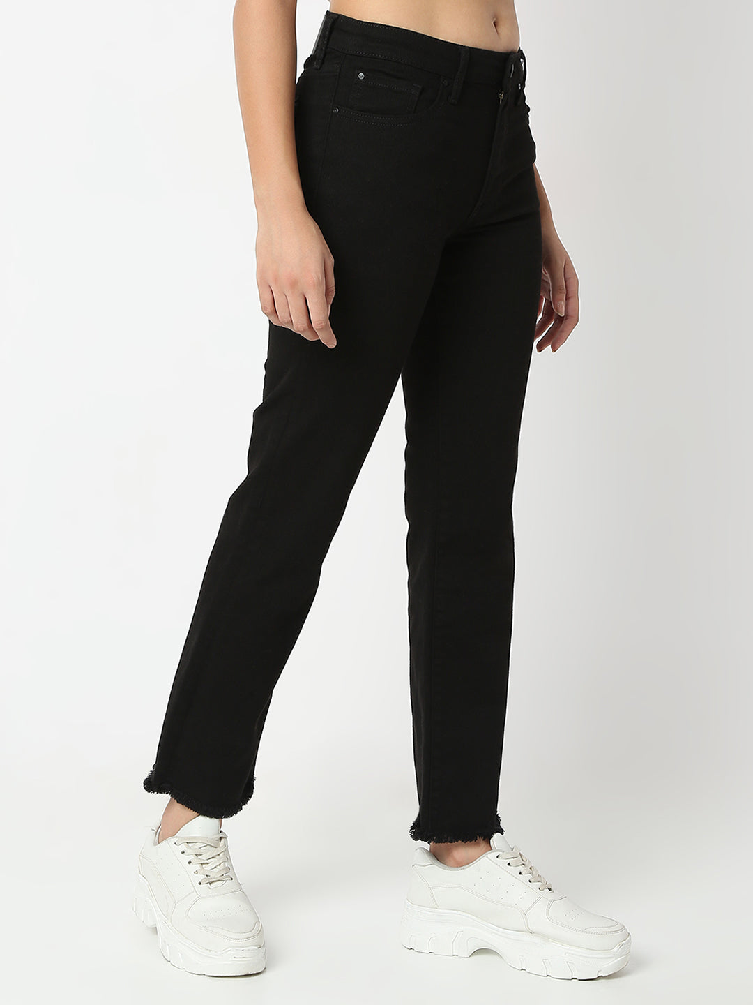 Spykar Jet Black Slim Straight Mid Rise Jeans For Women