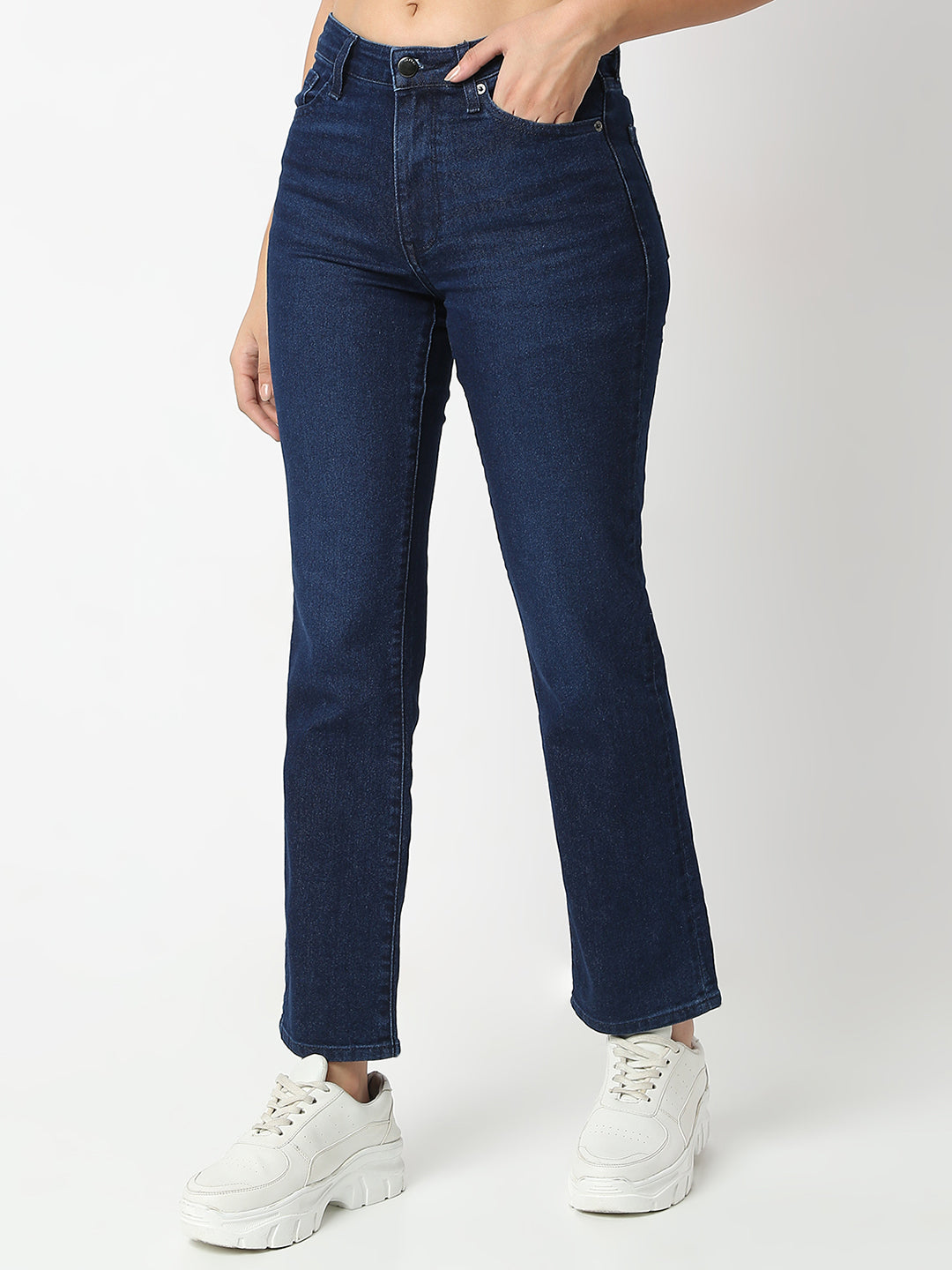 Spykar Dark Indigo Slim Straight Mid Rise Jeans For Women