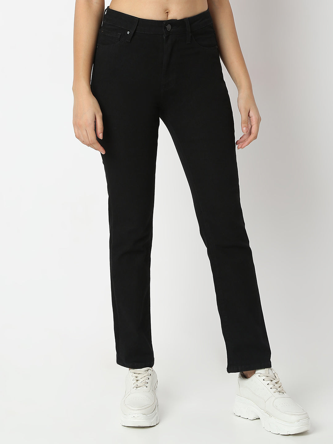 Spykar Jet Black Slim Straight Mid Rise Jeans For Women