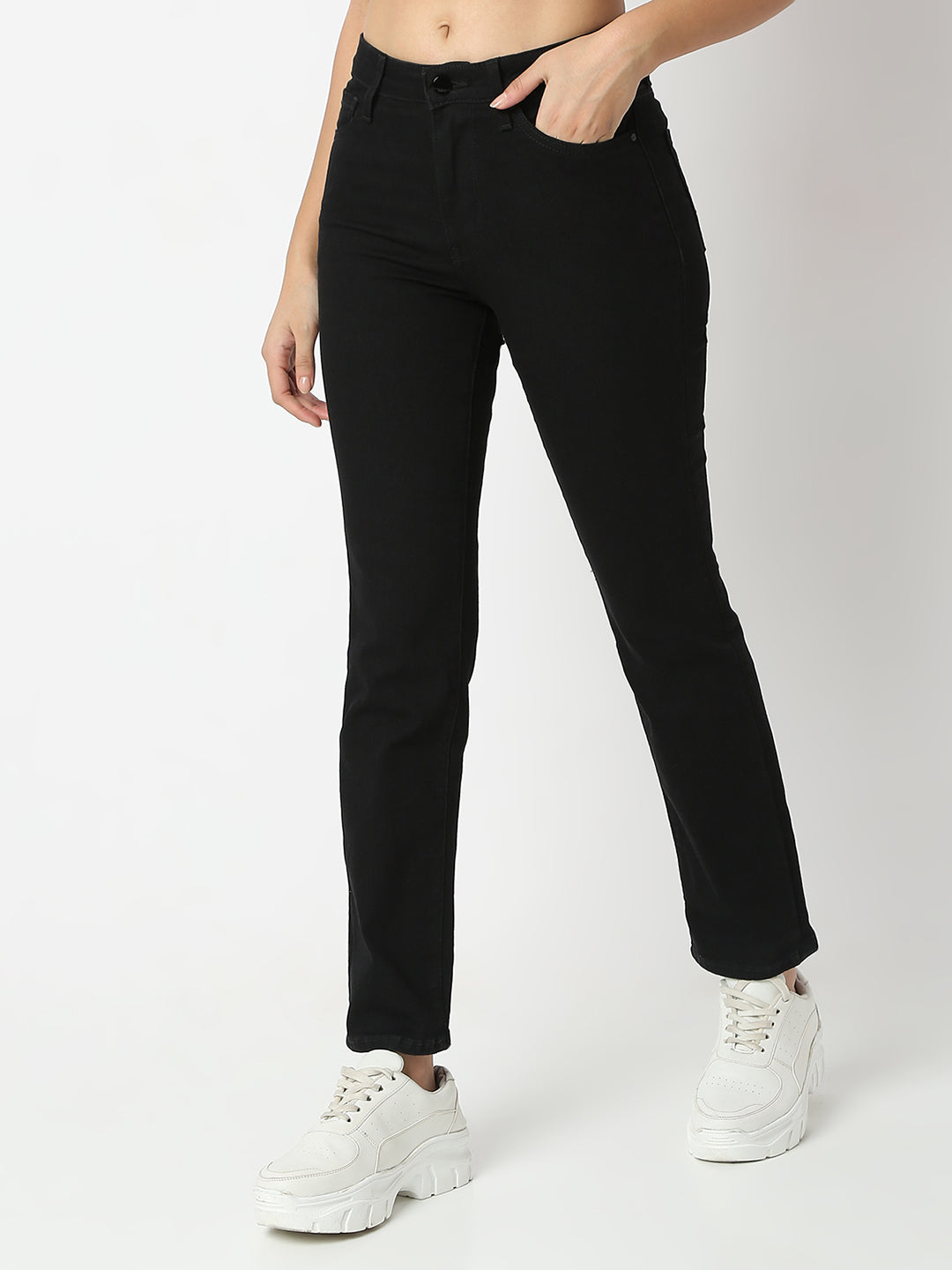 Spykar Jet Black Slim Straight Mid Rise Jeans For Women