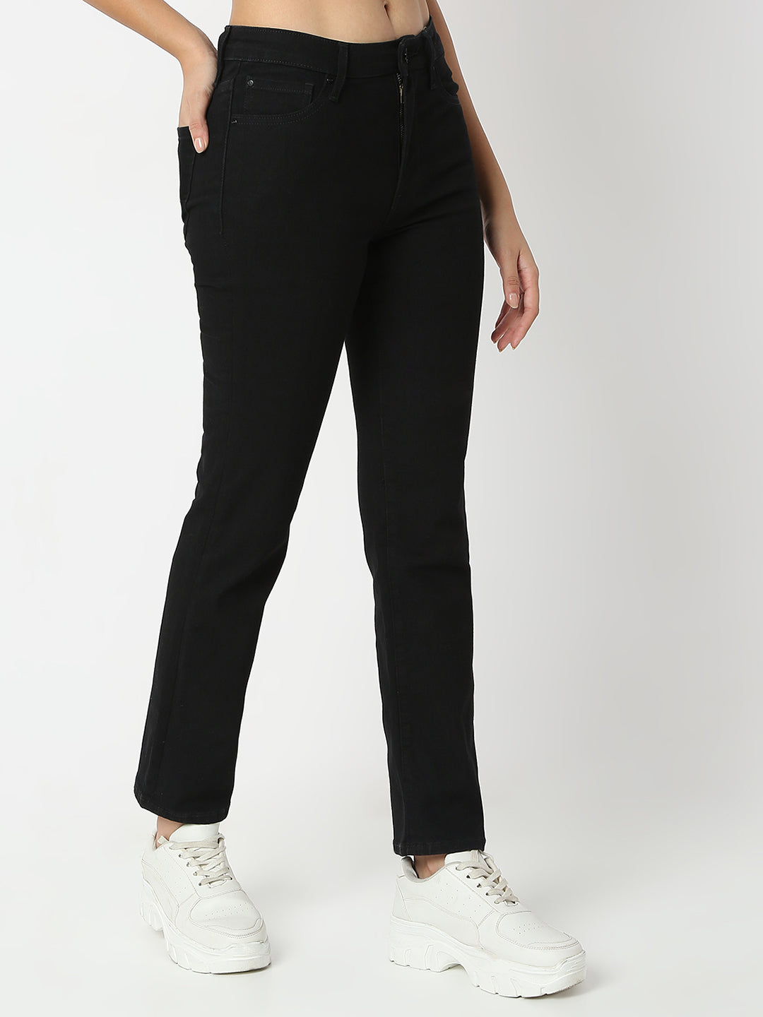 Spykar Jet Black Slim Straight Mid Rise Jeans For Women