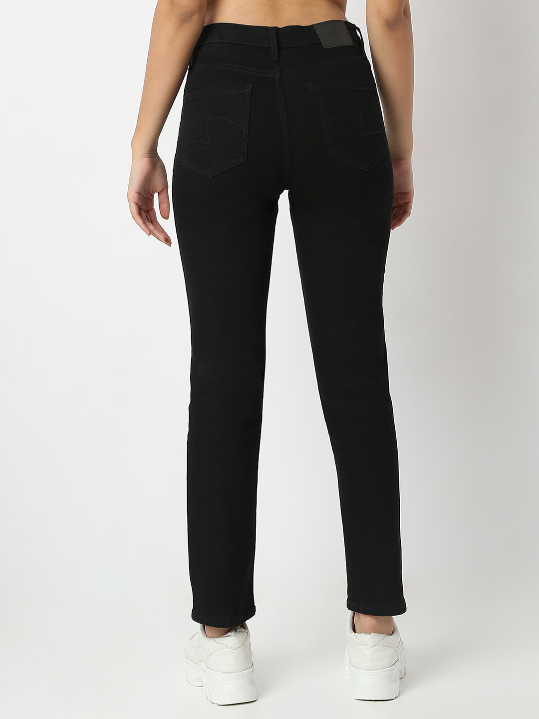 Spykar Jet Black Slim Straight Mid Rise Jeans For Women