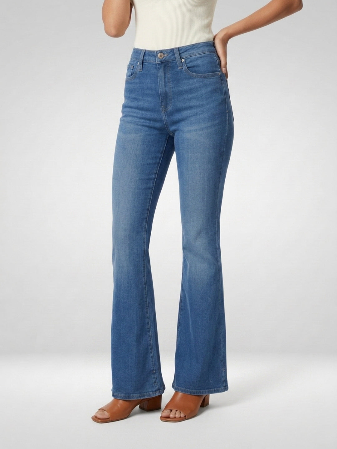 Women Flare Fit Jeans Flare Leg Mid Blue Mid Rise