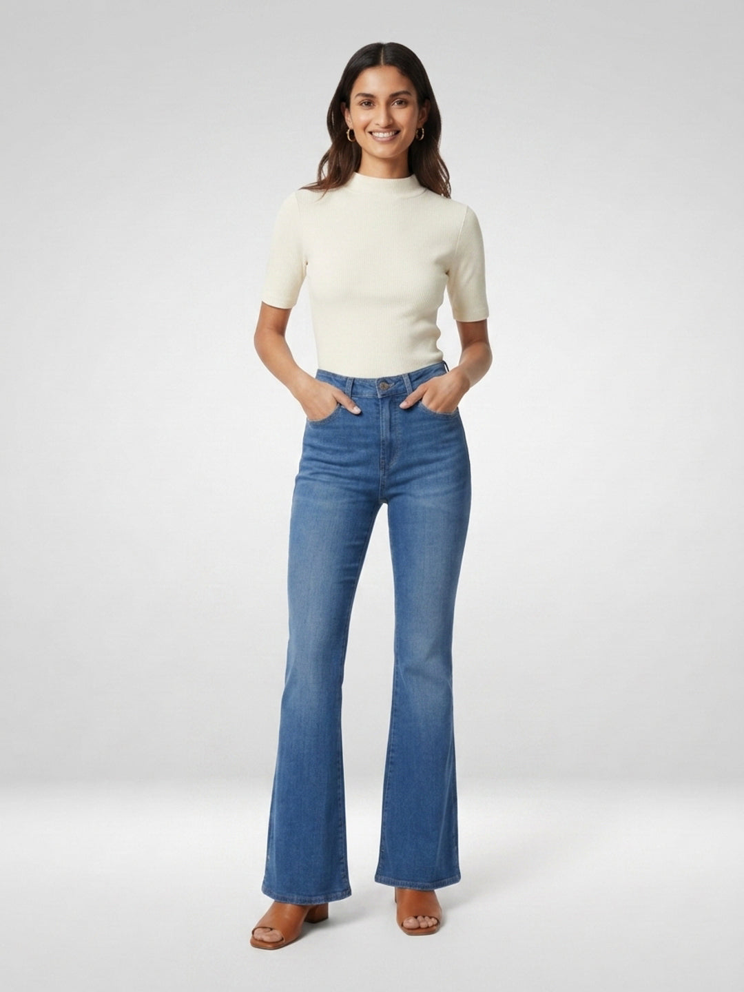 Women Flare Fit Jeans Flare Leg Mid Blue Mid Rise