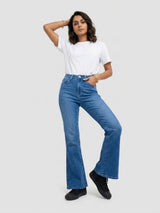 Women Flare Fit Jeans Flare Leg Mid Blue High Rise