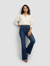 Women Flare Fit Jeans Flare Leg Dark Blue High Rise