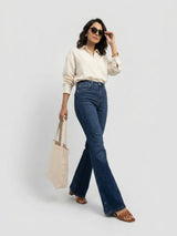 Women Flare Fit Jeans Flare Leg Dark Blue High Rise