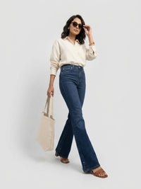 Women Flare Fit Jeans Flare Leg Dark Blue High Rise