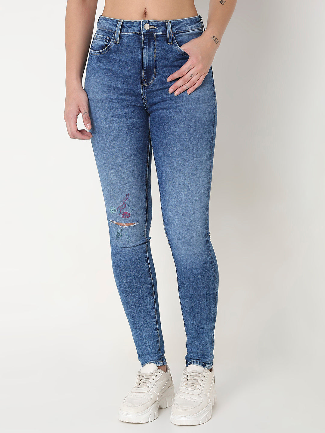 Spykar Blue Skinny Fit High-Rise Cotton Blend Jeans For Women