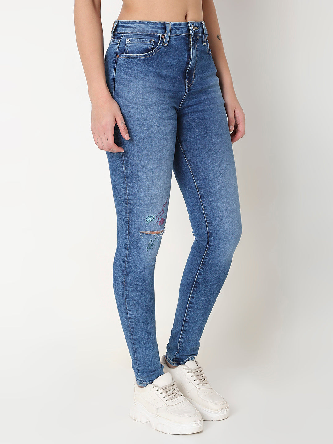 Spykar Blue Skinny Fit High-Rise Cotton Blend Jeans For Women