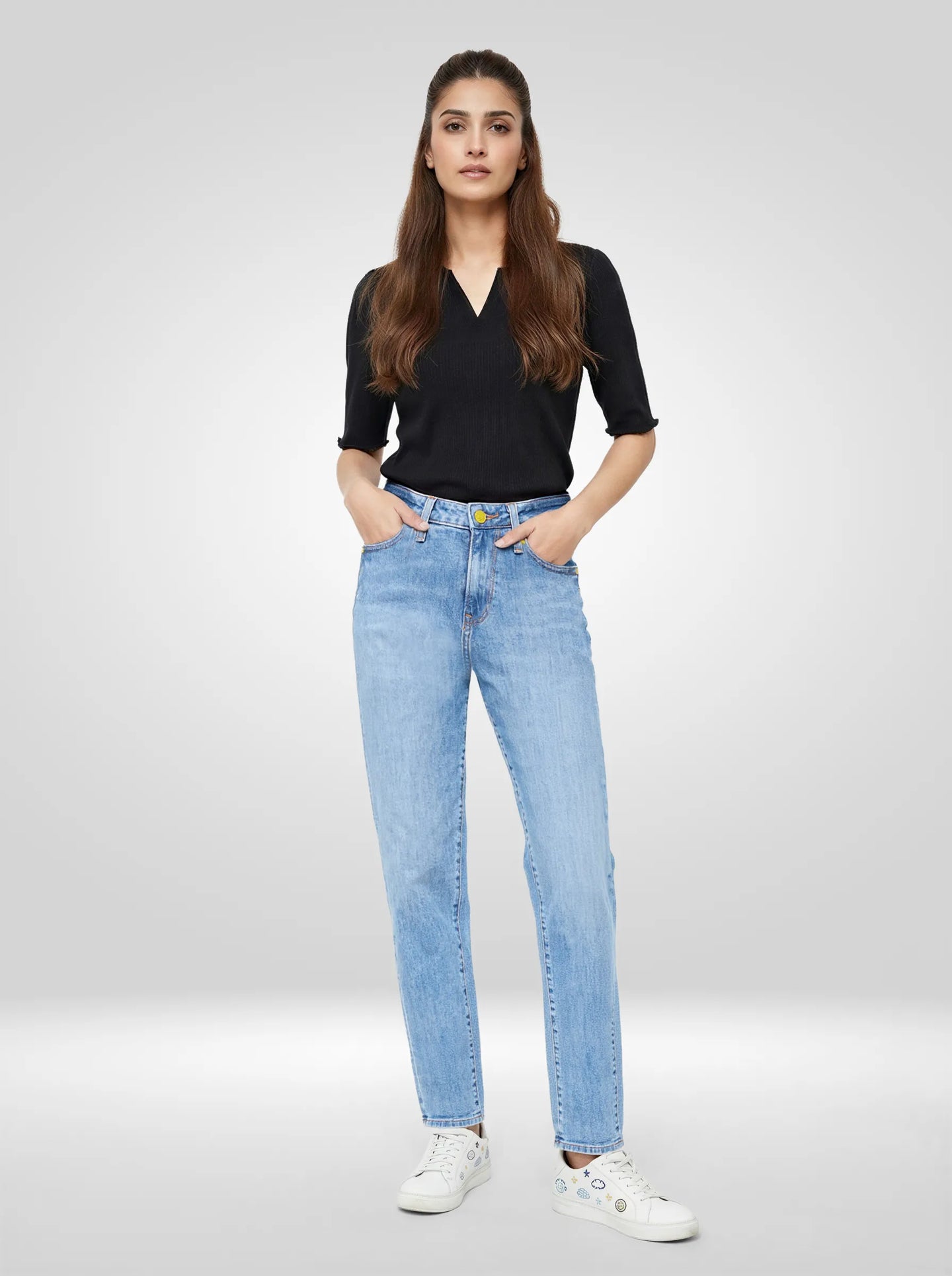 Women Amora Jeans Mom Fit Mid Blue High Rise