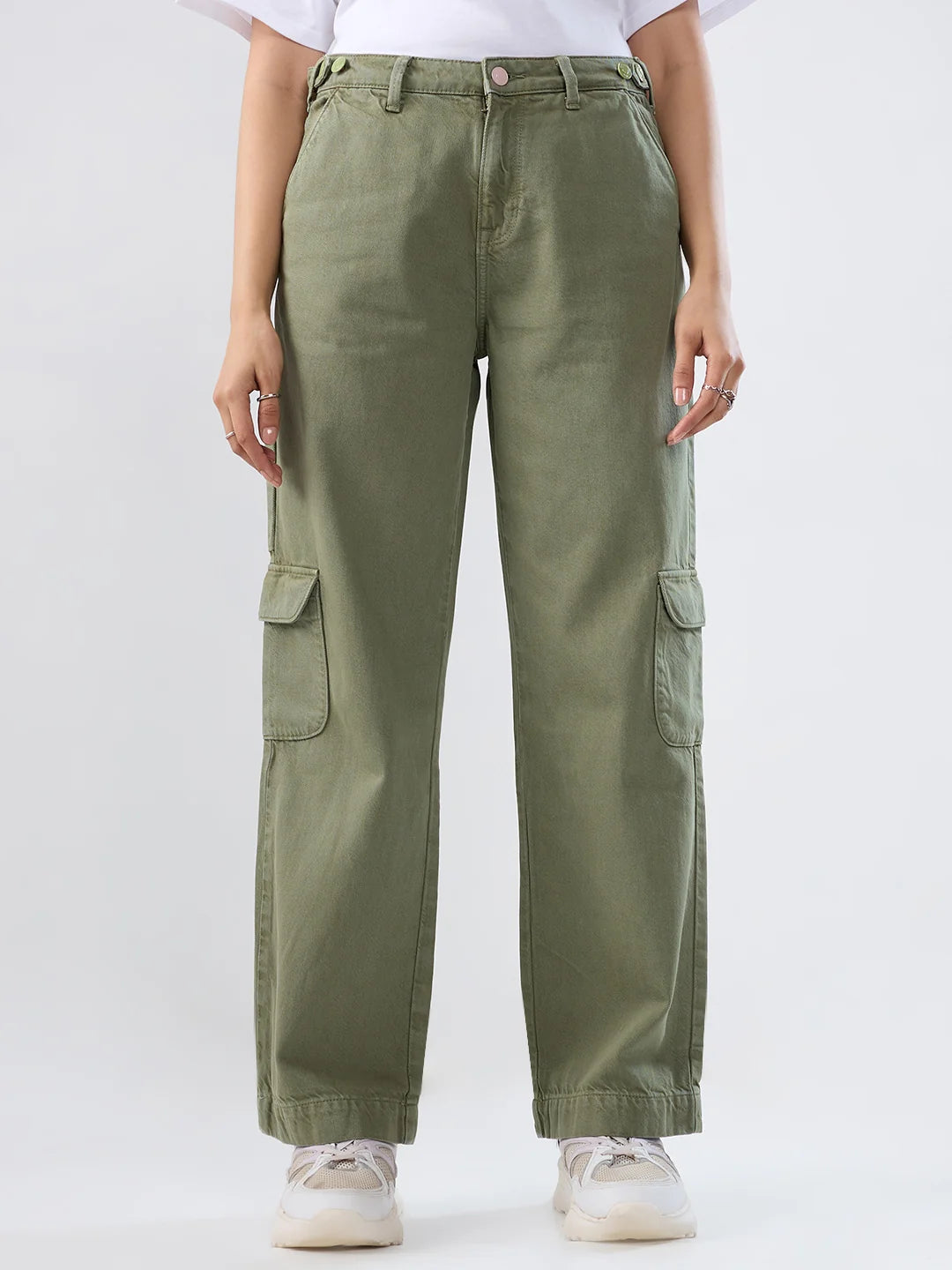 Women Jeans Straight Fit Green High Rise