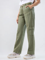 Women Jeans Straight Fit Green High Rise