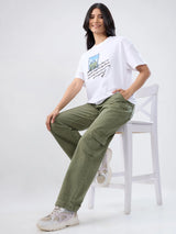Women Jeans Straight Fit Green High Rise
