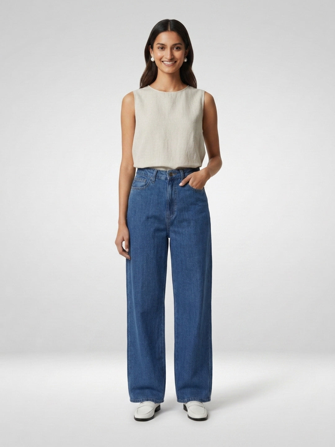 Women Bella Jeans Straight Fit Mid Blue High Rise