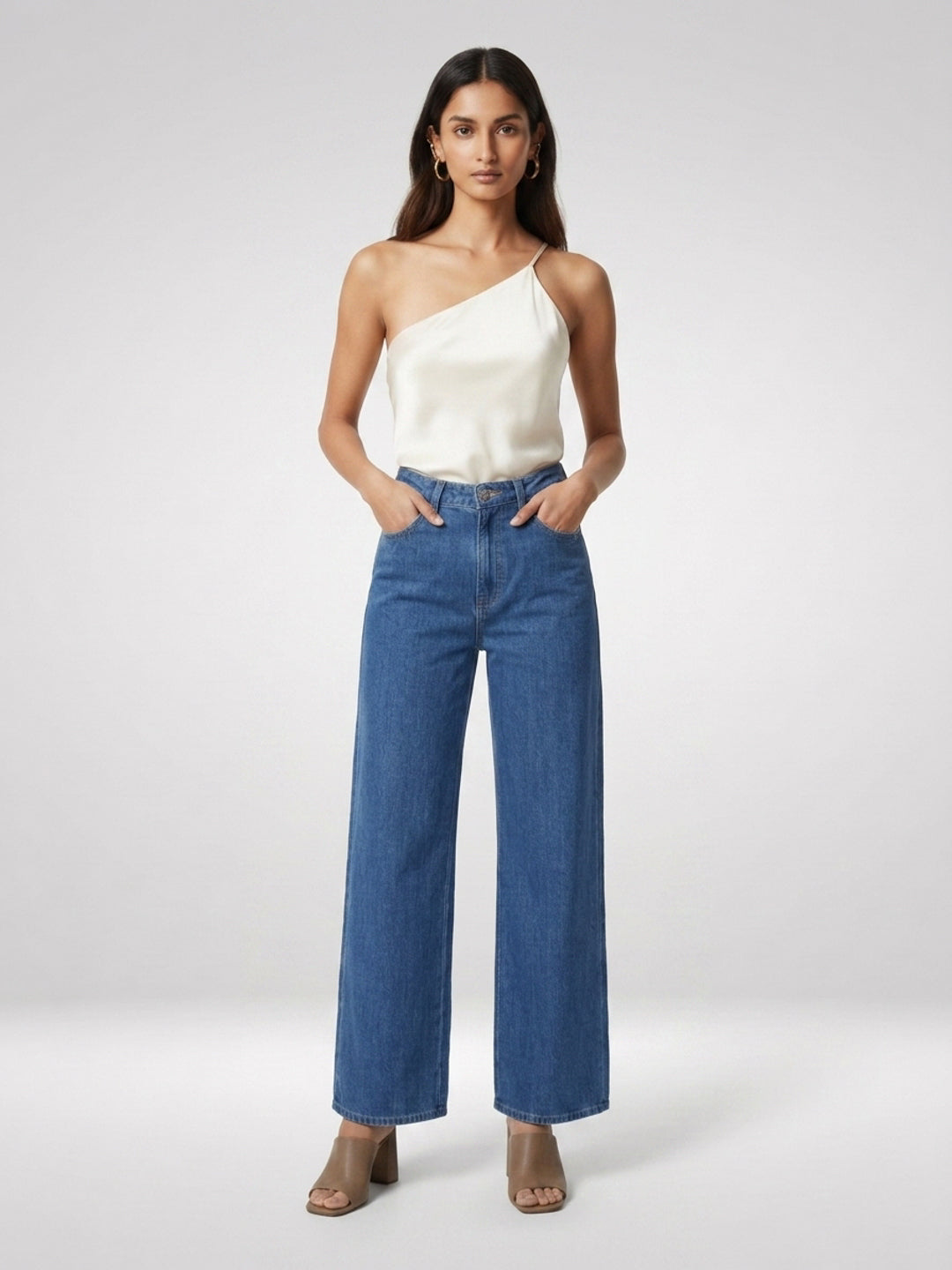 Women Bella Jeans Straight Fit Mid Blue High Rise