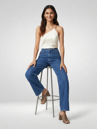 Women Bella Jeans Straight Fit Mid Blue High Rise