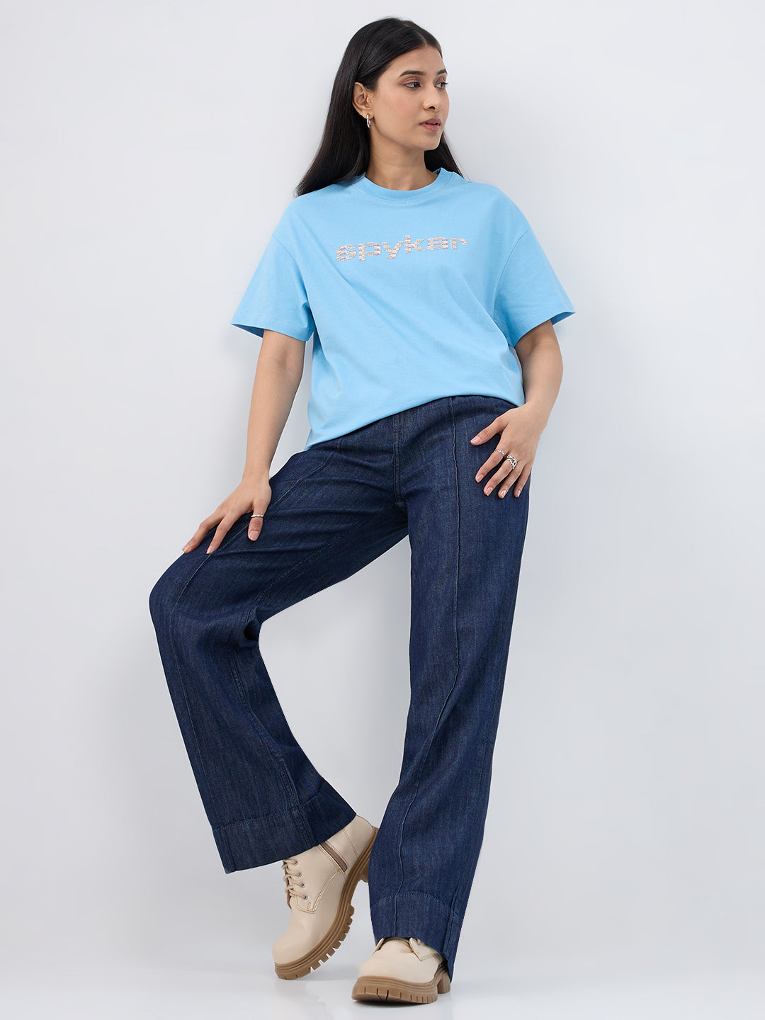 Women Jeans Straight Fit Dark Blue High Rise