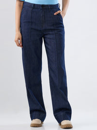 Women Jeans Straight Fit Dark Blue High Rise