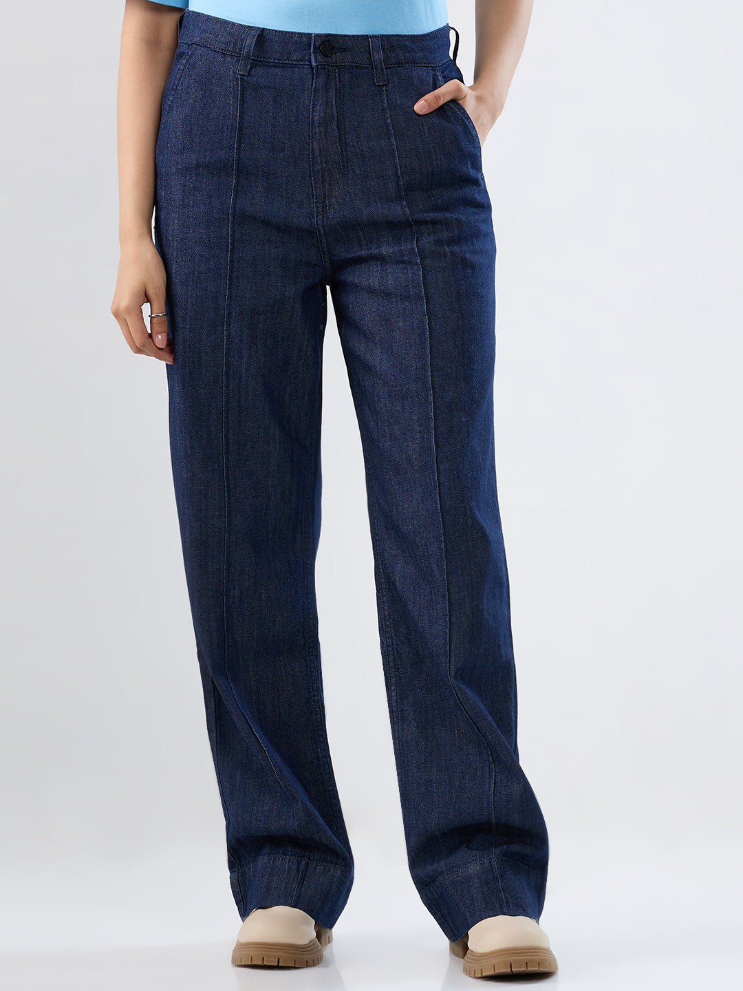 Women Jeans Straight Fit Dark Blue High Rise