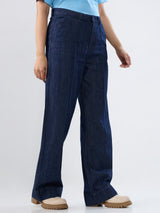 Women Jeans Straight Fit Dark Blue High Rise