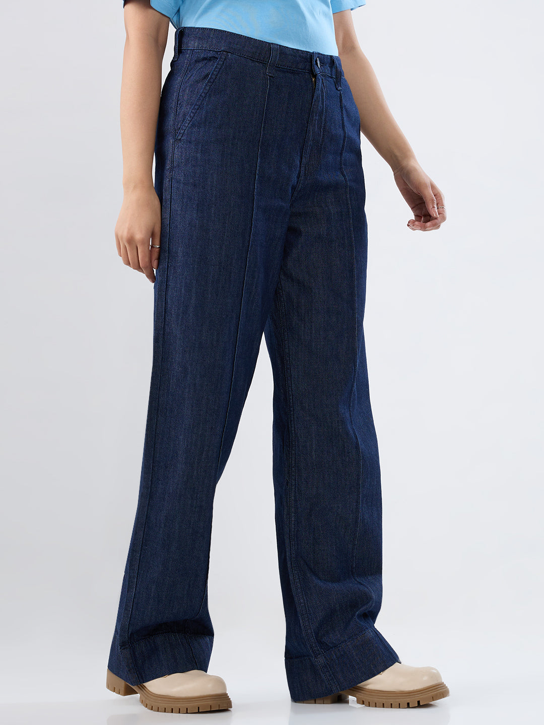 Women Jeans Straight Fit Dark Blue High Rise