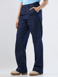 Women Jeans Straight Fit Dark Blue High Rise