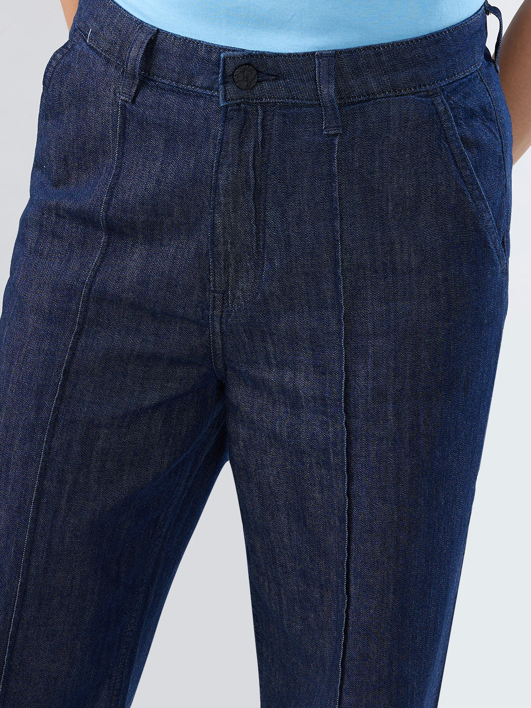 Women Jeans Straight Fit Dark Blue High Rise