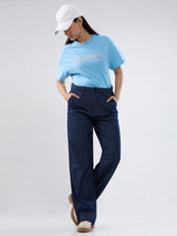 Women Jeans Straight Fit Dark Blue High Rise