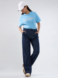 Women Jeans Straight Fit Dark Blue High Rise