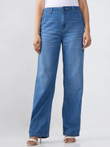 Women Jeans Straight Fit Mid Blue High Rise
