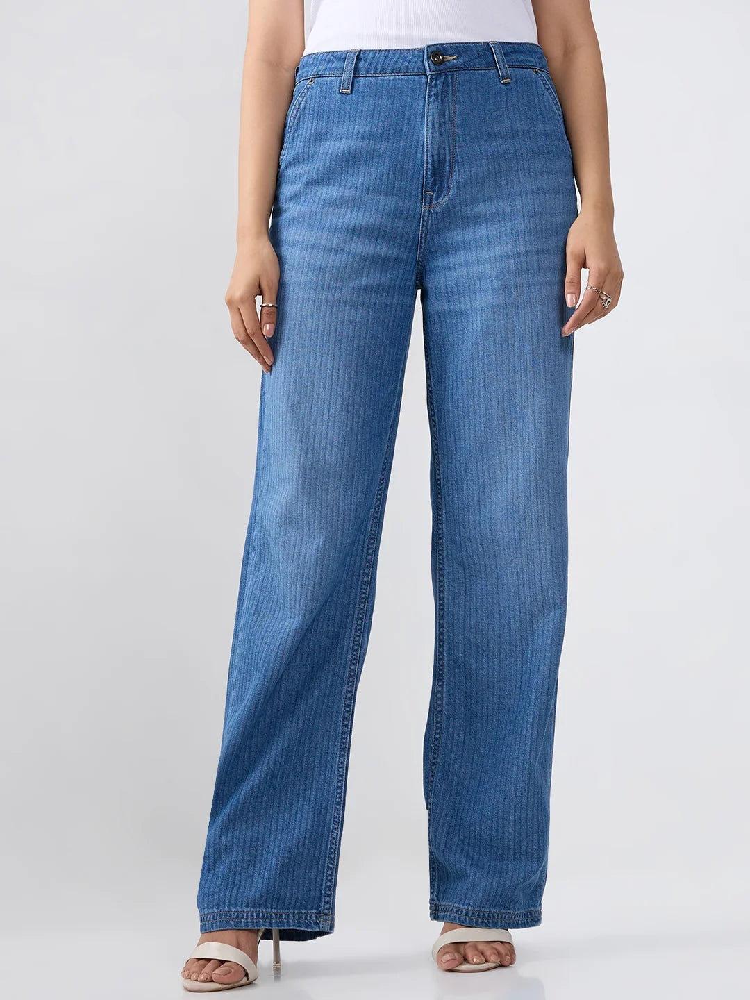 Women Jeans Straight Fit Mid Blue High Rise