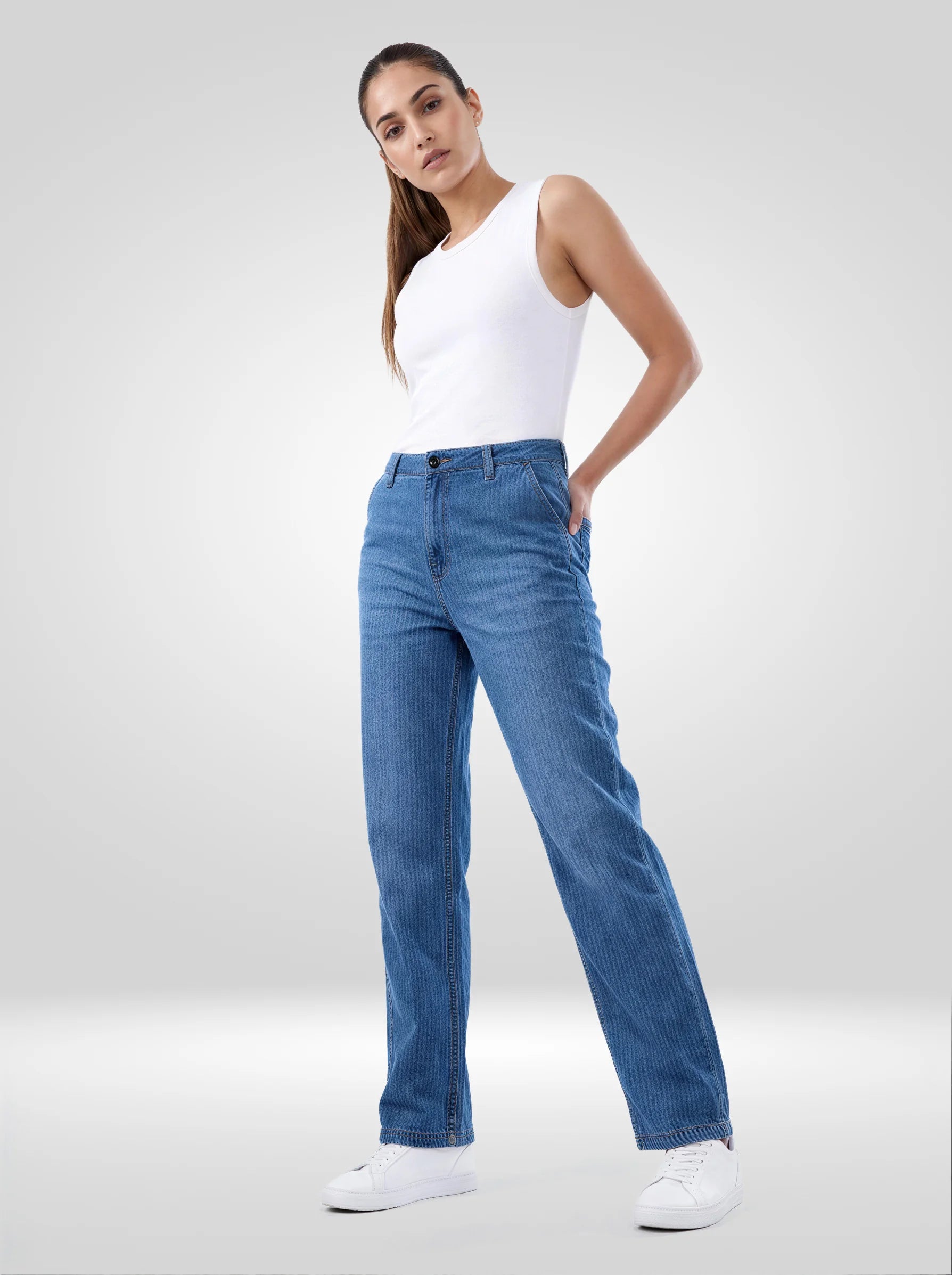 Women Jeans Straight Fit Mid Blue High Rise