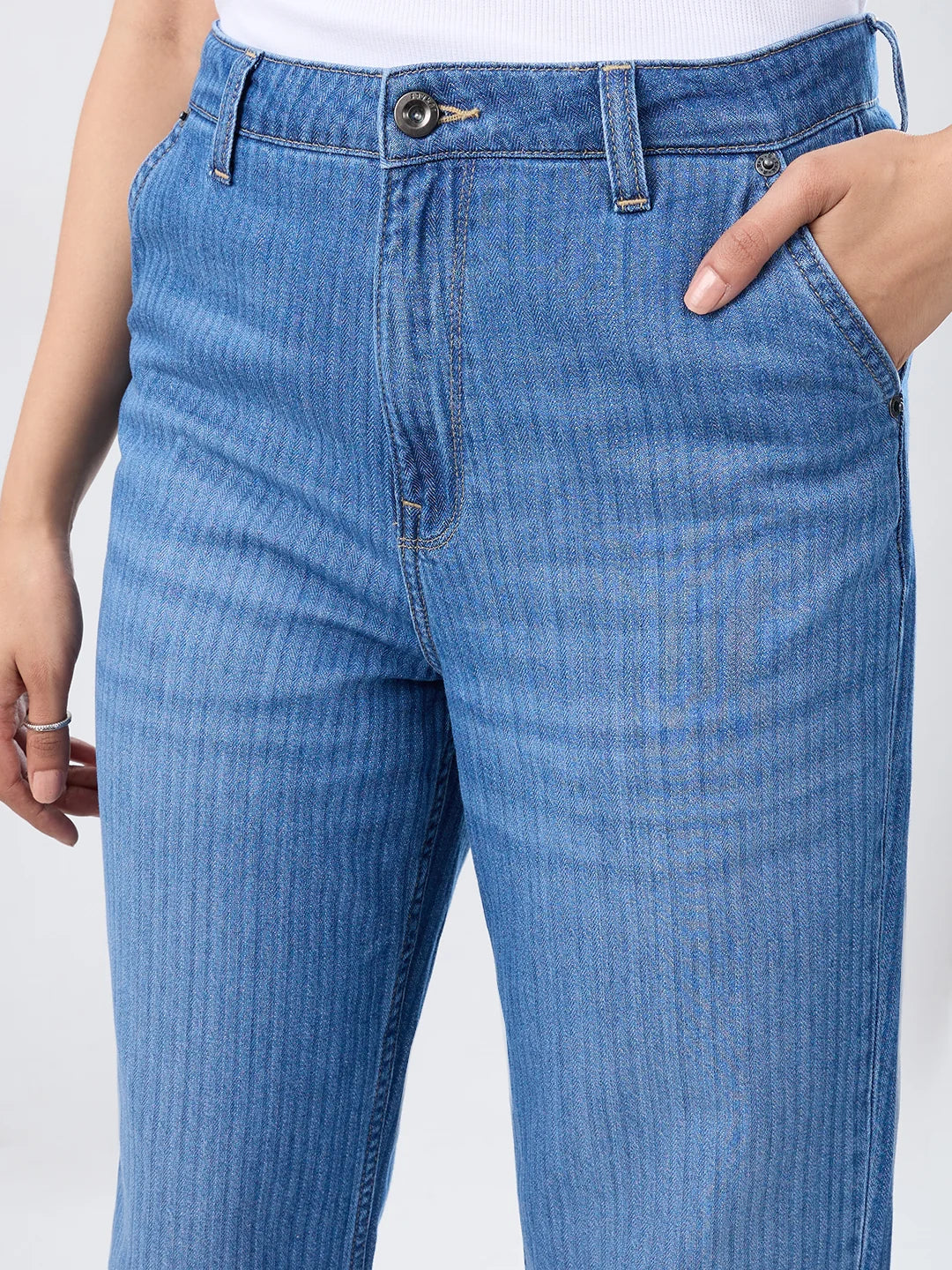 Women Jeans Straight Fit Mid Blue High Rise