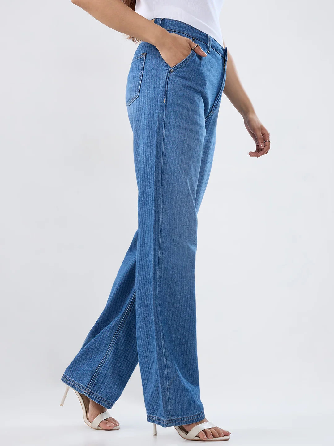 Women Jeans Straight Fit Mid Blue High Rise